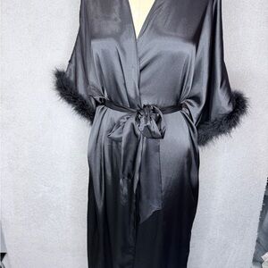 Regal Black Satin Robe with Feather Trim - Deadstock Vintage - Cinema Etoile